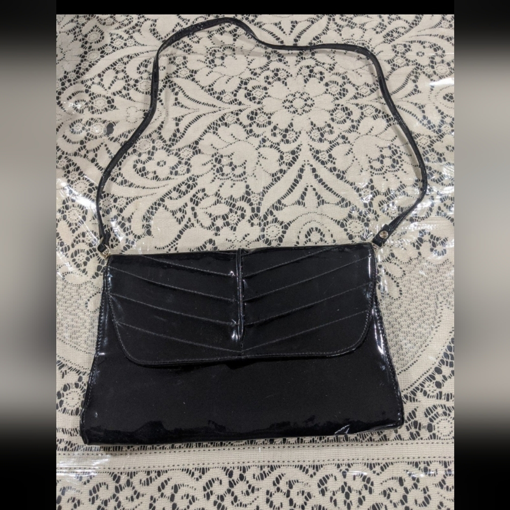 Retro Vintage Black Patent Leather Purse Crossbody Costume Cosplay Party